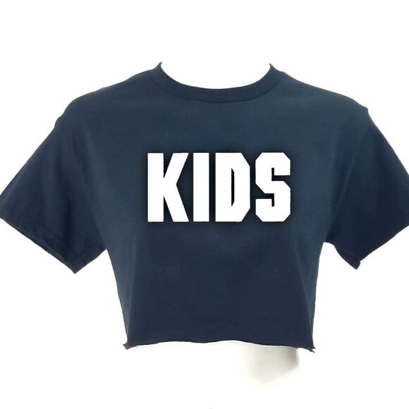 KIDS 90s Skateboarding Movie Big Logo Print "Cropped" Crop Top Rap Tee Rock Tee - Picture 1 of 3